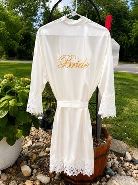 Bride Satin Robe with Lace Trim - Ivory